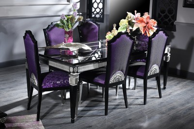 Casa Padrino set da pranzo barocco di lusso viola / nero / argento - Tavolo da Pranzo e 6 Sedie da Pranzo - Mobili da Sala da Pranzo in Stile Barocco Casa Padrino set da pranzo barocco di lusso viola / nero / argento - Tavolo da Pranzo e 6 Sedie da Pranzo - Mobili da Sala da Pranzo in Stile Barocco