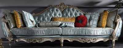 Casa Padrino Divano Barocco di Lusso Turchese / Argento / Oro 310 x 99 x H. 113 cm - Sontuoso Divano da Salotto Chesterfield in Stile Barocco