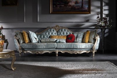 Casa Padrino Luxus Barock Sofa Türkis / Silber / Gold 310 x 99 x H. 113 cm - Prunkvolles Chesterfield Wohnzimmer Sofa im Barockstil
