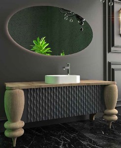 Casa Padrino Ensemble de Salle de Bain de Luxe Naturel / Gris / Blanc - 1 Table de Lavage avec 2 Portes et 1 Lavabo et 1 Miroir Mural à LED - Mobilier de Salle de Bain de Luxe