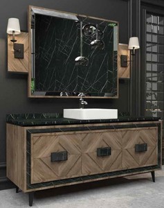 Casa Padrino Ensemble de Salle de Bain de Luxe Marron / Noir / Blanc - 1 Table de Lavage avec 3 Portes et 1 Lavabo et 1 Miroir Mural - Mobilier de Salle de Bain de Luxe