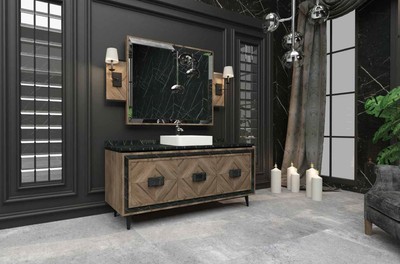 Casa Padrino Luxus Badezimmer Set Braun / Schwarz / Weiß  - 1 Waschtisch mit 3 Türen und 1 Waschbecken und 1 Wandspiegel - Luxus Badezimmermöbel
