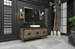 Casa Padrino Ensemble de Salle de Bain de Luxe Marron / Noir / Blanc - 1 Table de Lavage avec 3 Portes et 1 Lavabo et 1 Miroir Mural - Mobilier de Salle de Bain de Luxe