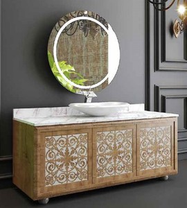 Casa Padrino Ensemble de Salle de Bain de Luxe Naturel / Blanc - Table de Lavage avec 3 Portes et 1 Lavabo et 1 Miroir Mural - Meuble de Salle de Bain - Qualité de Luxe