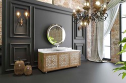 Casa Padrino Ensemble de Salle de Bain de Luxe Naturel / Blanc - Table de Lavage avec 3 Portes et 1 Lavabo et 1 Miroir Mural - Meuble de Salle de Bain - Qualité de Luxe