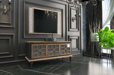 Casa Padrino Luxus Badezimmer Set Naturfarben / Schwarz - 1 Waschtisch mit 3 Türen und 1 Waschbecken und 1 Wandspiegel - Luxus Qualität