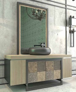 Casa Padrino Luxury Bathroom Set Natural / Multicolor / Black - 1 Vanity Unit with 4 Doors and 1 Sink and 1 Wall Mirror - Luxury Quality