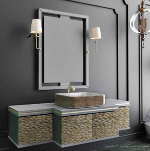 Casa Padrino Luxury Bathroom Set Gray / Gold / Black - 1 Vanity Unit with 4 Doors and 1 Sink and 1 Wall Mirror with 2 Wall Lamps - Luxury Collection