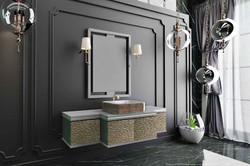 Casa Padrino Ensemble de Salle de Bain de Luxe Gris / Or / Noir - 1 Table de Lavage avec 4 Portes et 1 Lavabo et 1 Miroir Mural avec 2 Lampes Murales - Collection de Luxe