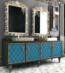 Casa Padrino Luxury Baroque Bathroom Set Black / Blue / Gold - 1 Vanity unit with 4 Doors and 2 Sinks and 2 Wall Mirrors - Sumptuous Bathroom Furniture