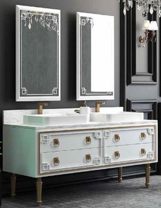 Casa Padrino Luxury Bathroom Set White / Gold - 1 Vanity unit with 4 Drawers and 2 Sinks and 2 Wall Mirrors - Luxury Bathroom Furniture