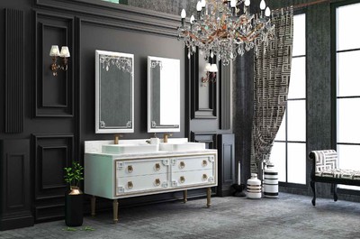 Casa Padrino Luxus Badezimmer Set Weiß / Gold - 1 Waschtisch mit 4 Schubladen und 2 Waschbecken und 2 Wandspiegel - Luxus Badezimmermöbel