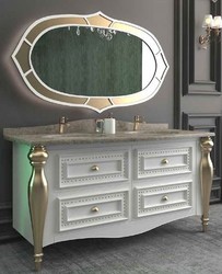 Casa Padrino Ensemble de Salle de Bain Baroque de Luxe Blanc / Gris / Or - 1 Table de Lavage avec 4 Tiroirs et 2 Lavabos et 1 Miroir Mural - Mobilier de Salle de Bain Somptueux