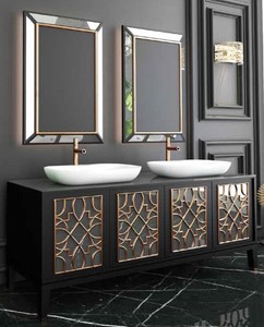 Casa Padrino Luxury Bathroom Set Black / Gold / White - 1 Vanity Unit with 4 Doors and 2 Sinks and 2 Wall Mirrors - Luxury Quality