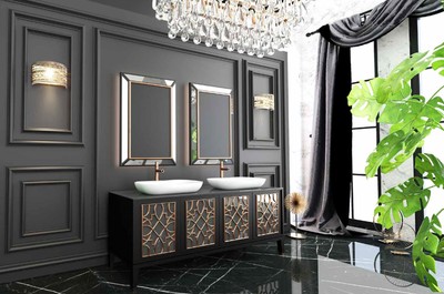 Casa Padrino Luxus Badezimmer Set Schwarz / Gold / Weiß - 1 Waschtisch mit 4 Türen und 2 Waschbecken und 2 Wandspiegel 
