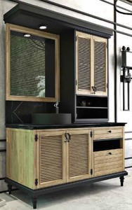 Casa Padrino Luxury Country Style Bathroom Set Natural / Black - Illuminated Vanity Unit with 4 Doors and 2 Drawers and 1 Sink and 1 Wall Mirror - Country Style Bathroom Furniture