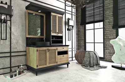 Casa Padrino Luxus Landhausstil Badezimmer Set Naturfarben / Schwarz - Beleuchteter Waschtisch mit 4 Türen und 2 Schubladen und 1 Waschbecken und 1 Wandspiegel - Landhausstil Badezimmermöbel