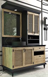 Casa Padrino Conjunto de Baño de Estilo Campestre de Lujo Natural / Negro - Mesa de Lavado Iluminado con 4 Puertas y 2 Cajones y 1 Lavabo y 1 Espejo de Pared - Muebles de Baño de Estilo Campestre