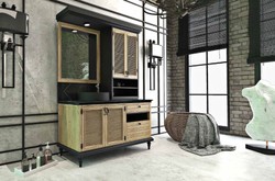 Casa Padrino Conjunto de Baño de Estilo Campestre de Lujo Natural / Negro - Mesa de Lavado Iluminado con 4 Puertas y 2 Cajones y 1 Lavabo y 1 Espejo de Pared - Muebles de Baño de Estilo Campestre