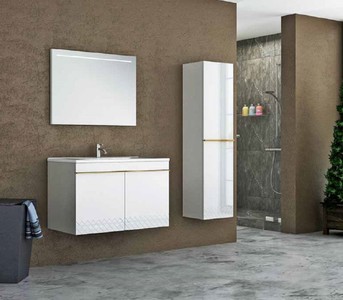 Casa Padrino Luxus Badezimmer Set Weiß / Gold - 1 Waschtisch und 1 Waschbecken und 1 LED Wandspiegel und 1 Hängeschrank - Luxus Kollektion