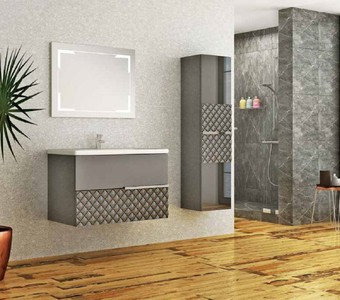 Casa Padrino Luxus Badezimmer Set Grau / Schwarz - 1 Waschtisch und 1 Waschbecken und 1 LED Wandspiegel und 1 Hängeschrank - Luxus Kollektion