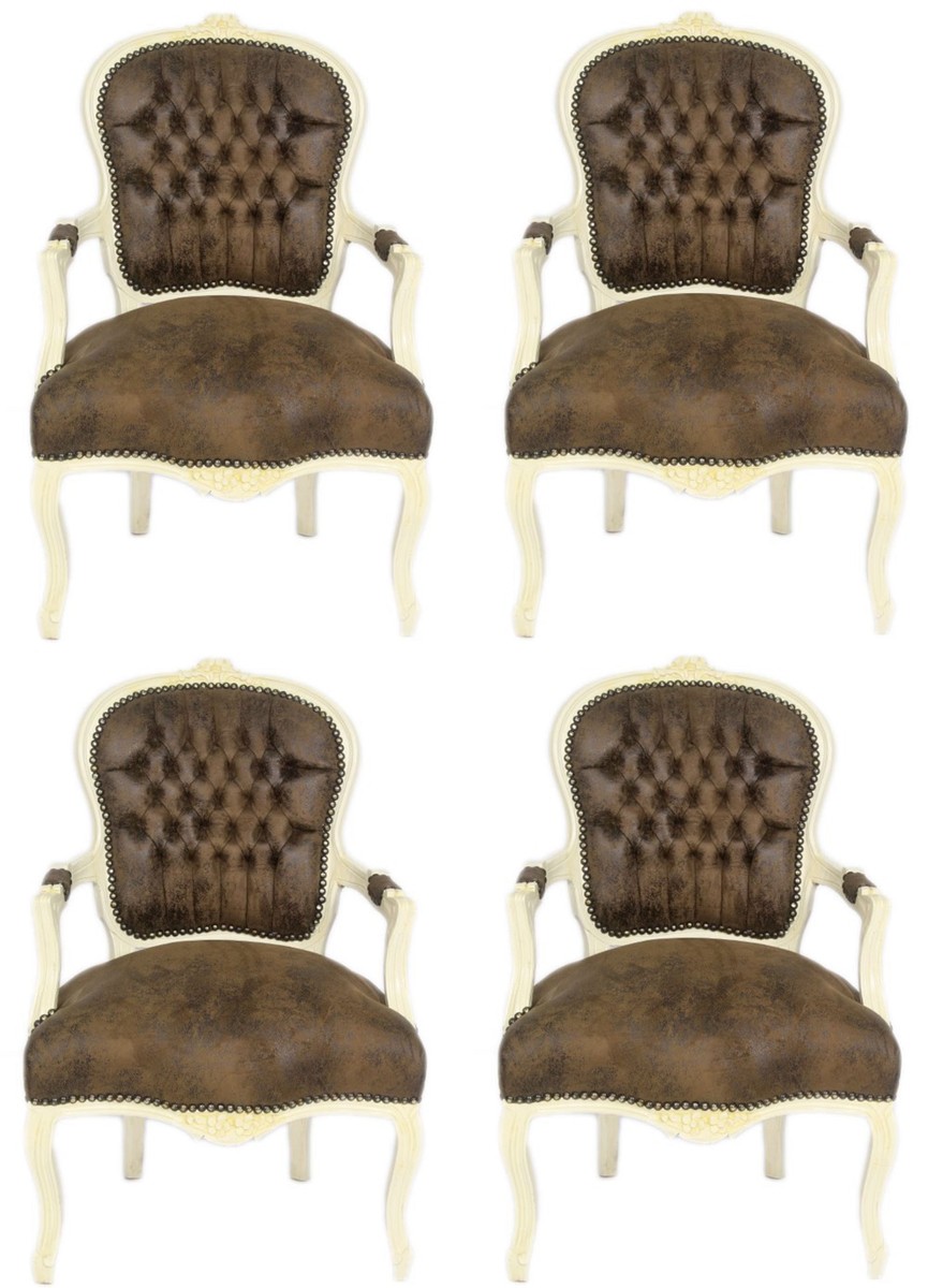 Casa Padrino Baroque Salon Chair Set Brown / Cream 60 x 50 x H. 93 cm - 4 Handmade Salon Chairs with Leather Look - Baroque Furniture Casa Padrino Baroque Salon Chair Set Brown / Cream 60 x 50 x H. 93 cm - 4 Handmade Salon Chairs with Leather Look - Baroque Furniture