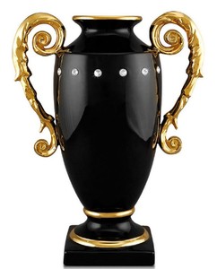Casa Padrino Vaso Barocco Nero / Oro 28 x 18 x H. 36 cm - Sontuoso Vaso da Fiori in Ceramica Fatto a Mano e Dipinto a Mano con Cristallo Swarovski