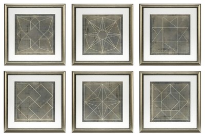 Casa Padrino ensemble de plans bleue formes géométriques gris / or 57 x H. 57 cm - Images de Luxe avec Cadre en Bois - Décoration Murale