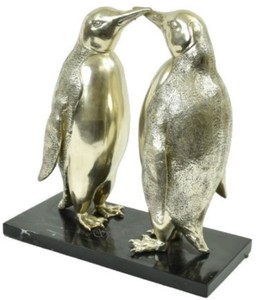 Casa Padrino sculpture en bronze de luxe pingouins paire argent / noir 39 x 18 x H. 42 cm - Figures en Bronze Argenté avec Socle en Marbre