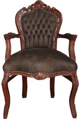 Silla de comedor Casa Padrino barroca con apoyabrazos aspecto de cuero Negro / Negro