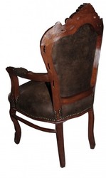 Silla de comedor Casa Padrino barroca con apoyabrazos aspecto de cuero Negro / Negro
