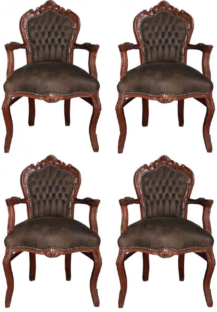 Casa Padrino Conjunto de Sillas de Comedor Barroco Marrón / Marrón Cuero Aspecto 53 x 57 x H. 108 cm - 4 Sillas de Comedor Hechas a Mano con Reposabrazos - Muebles Barrocos Casa Padrino Conjunto de Sillas de Comedor Barroco Marrón / Marrón Cuero Aspecto 53 x 57 x H. 108 cm - 4 Sillas de Comedor Hechas a Mano con Reposabrazos - Muebles Barrocos