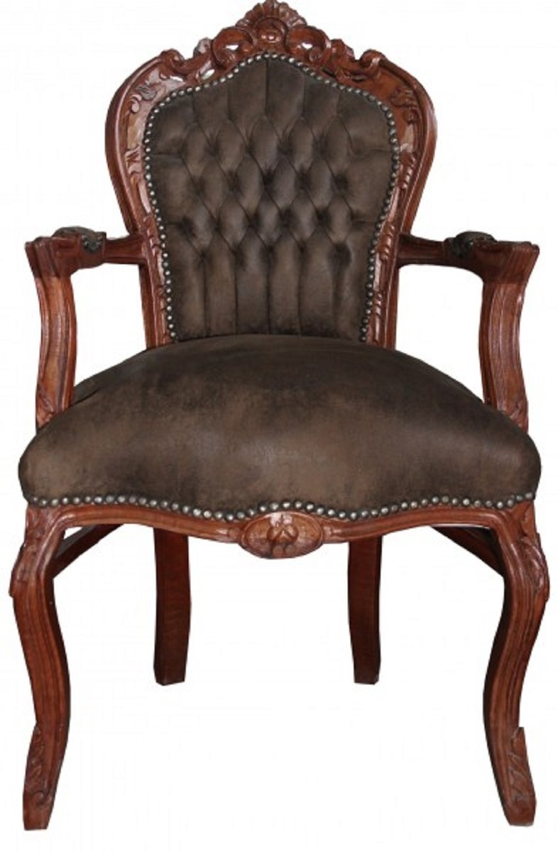 Casa Padrino Conjunto de Sillas de Comedor Barroco Marrón / Marrón Cuero Aspecto 53 x 57 x H. 108 cm - 4 Sillas de Comedor Hechas a Mano con Reposabrazos - Muebles Barrocos Casa Padrino Conjunto de Sillas de Comedor Barroco Marrón / Marrón Cuero Aspecto 53 x 57 x H. 108 cm - 4 Sillas de Comedor Hechas a Mano con Reposabrazos - Muebles Barrocos