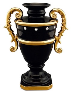 Casa Padrino Vaso Barocco Nero / Oro 26 x 18 x H. 36 cm - Sontuoso Vaso da Fiori in Ceramica con Cristallo Swarovski