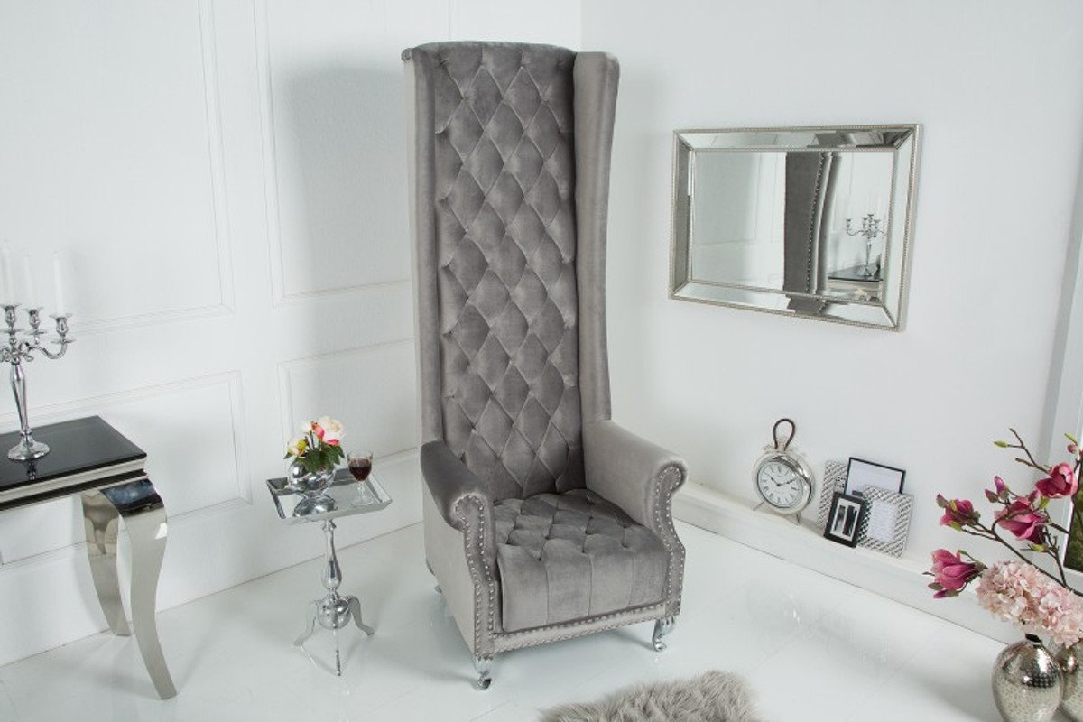 Casa Padrino Fauteuil Chesterfield avec dossier haut gris argenté - Fauteuil Throne King avec dossier haut - Baroque moderne avec dossier haut Casa Padrino Fauteuil Chesterfield avec dossier haut gris argenté - Fauteuil Throne King avec dossier haut - Baroque moderne avec dossier haut