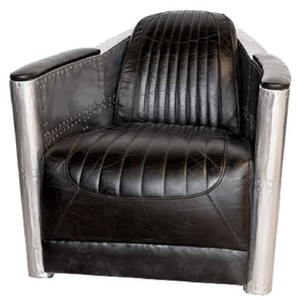 Casa Padrino Art Deco Aluminium Echtleder Sessel Schwarz / Silber 74,5 x 94 x H. 78 cm - Club Sessel - Lounge Sessel - Flugzeug Flieger Möbel