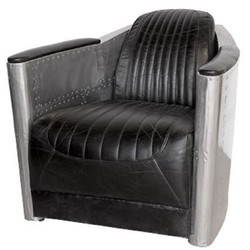 Casa Padrino Art Deco Aluminum Genuine Leather Armchair Black / Silver 74.5 x 94 x H. 78 cm - Club Armchair - Lounge Armchair - Airplane Aviator Furniture