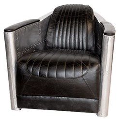 Casa Padrino Art Deco Aluminum Genuine Leather Armchair Black / Silver 74.5 x 94 x H. 78 cm - Club Armchair - Lounge Armchair - Airplane Aviator Furniture