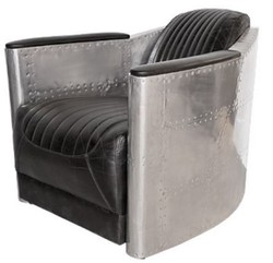 Casa Padrino Art Deco Aluminum Genuine Leather Armchair Black / Silver 74.5 x 94 x H. 78 cm - Club Armchair - Lounge Armchair - Airplane Aviator Furniture