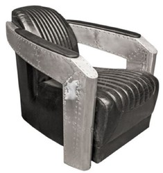 Casa Padrino Art Deco Sillón Aluminio Cuero Real Negro / Plata 74,5 x 94 x H. 78 cm - Muebles de Aviador para Aviones - Sillón Club - Sillón Lounge