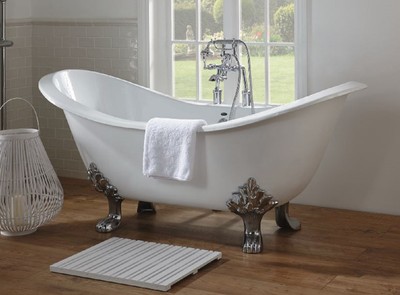 Casa Padrino Bañera Art Nouveau de Lujo Blanco / Plata 180 x 77 x H. 79 cm - Baño Acrílico Curvado Independiente con Patas de León - Muebles de Baño Art Nouveau