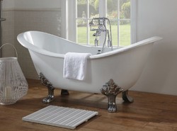 Casa Padrino Bañera Art Nouveau de Lujo Blanco / Plata 180 x 77 x H. 79 cm - Baño Acrílico Curvado Independiente con Patas de León - Muebles de Baño Art Nouveau