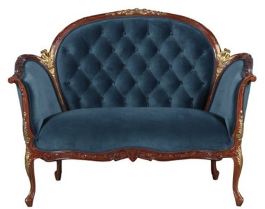 Casa Padrino Divano Barocco in Velluto Blu / Marrone / Ottone 125 x 73,5 x H. 92,5 cm - Mobili in Stile Barocco