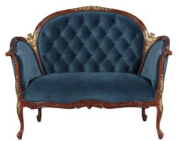 Casa Padrino Canapé Baroque en Velours Bleu / Marron / Laiton 125 x 73,5 x H. 92,5 cm - Mobilier de Style Baroque