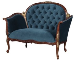 Casa Padrino Canapé Baroque en Velours Bleu / Marron / Laiton 125 x 73,5 x H. 92,5 cm - Mobilier de Style Baroque