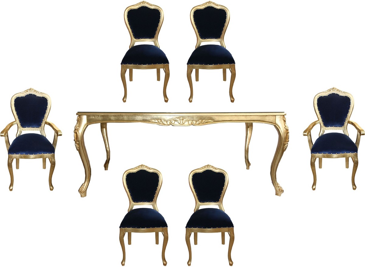 Casa Padrino Set di Sala da Pranzo Barocco di Lusso Blu Reale / Oro - 1 Tavolo da Pranzo con Piano in Vetro e 6 Sedie - Mobili per Sala da Pranzo Barocco - Made in Italy - Collezione di Lusso Casa Padrino Set di Sala da Pranzo Barocco di Lusso Blu Reale / Oro - 1 Tavolo da Pranzo con Piano in Vetro e 6 Sedie - Mobili per Sala da Pranzo Barocco - Made in Italy - Collezione di Lusso