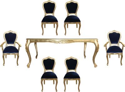 Casa Padrino Set di Sala da Pranzo Barocco di Lusso Blu Reale / Oro - 1 Tavolo da Pranzo con Piano in Vetro e 6 Sedie - Mobili per Sala da Pranzo Barocco - Made in Italy - Collezione di Lusso Casa Padrino Set di Sala da Pranzo Barocco di Lusso Blu Reale / Oro - 1 Tavolo da Pranzo con Piano in Vetro e 6 Sedie - Mobili per Sala da Pranzo Barocco - Made in Italy - Collezione di Lusso