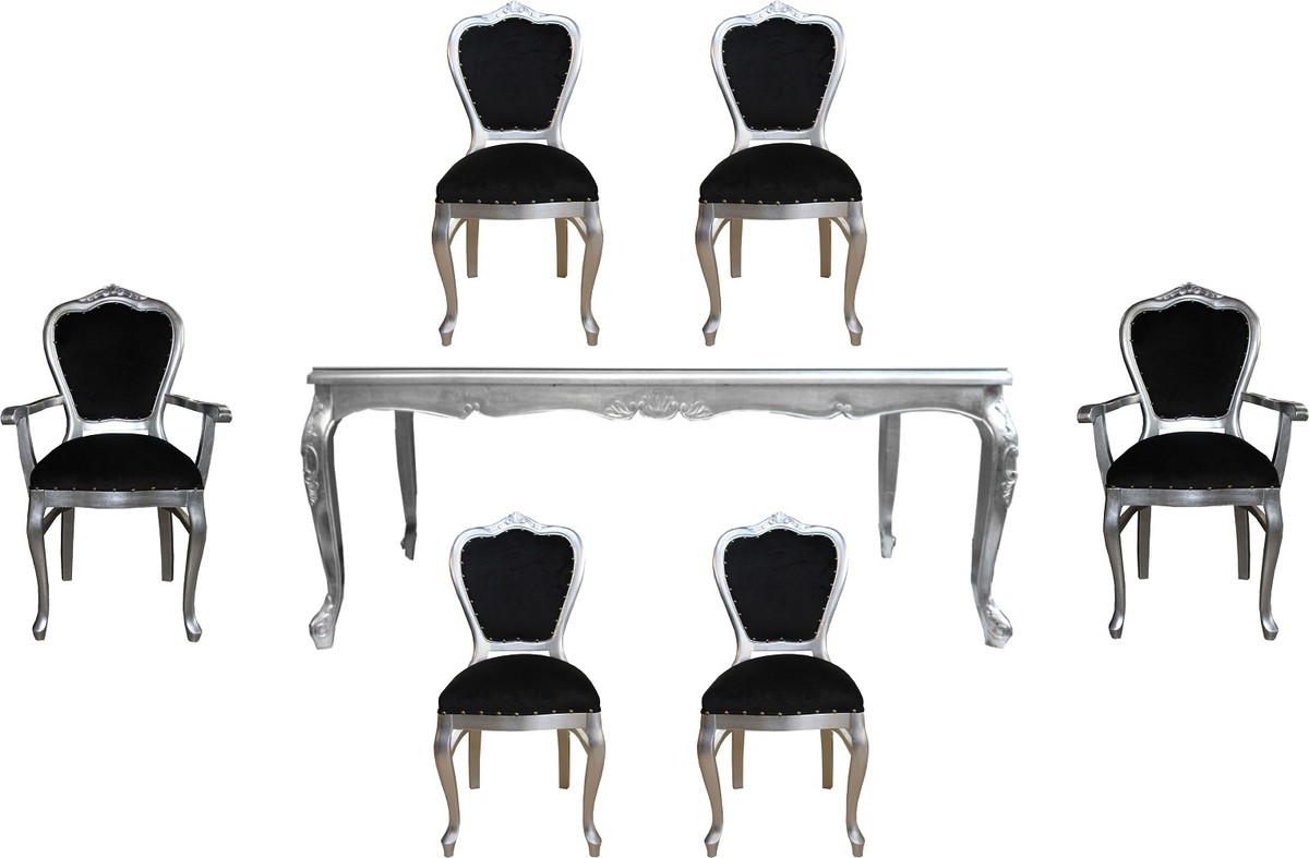 Casa Padrino Conjunto de Comedor Barroco de Lujo Negro / Plata - 1 Mesa de Comedor con Tapa de Vidrio y 6 Sillas - Muebles de Comedor Barroco - Hecho en Italia - Colección de Lujo Casa Padrino Conjunto de Comedor Barroco de Lujo Negro / Plata - 1 Mesa de Comedor con Tapa de Vidrio y 6 Sillas - Muebles de Comedor Barroco - Hecho en Italia - Colección de Lujo
