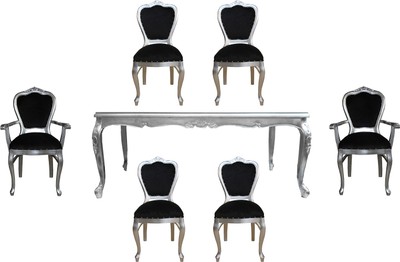 Casa Padrino Set di Sala da Pranzo Barocco di Lusso Nero / Argento - 1 Tavolo da Pranzo con Piano in Vetro e 6 Sedie - Mobili per Sala da Pranzo Barocco - Made in Italy - Collezione di Lusso Casa Padrino Set di Sala da Pranzo Barocco di Lusso Nero / Argento - 1 Tavolo da Pranzo con Piano in Vetro e 6 Sedie - Mobili per Sala da Pranzo Barocco - Made in Italy - Collezione di Lusso