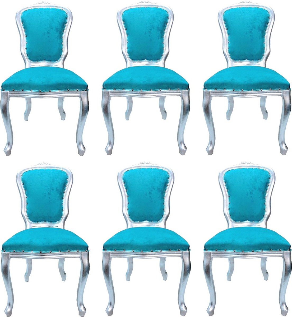 Casa Padrino Ensemble de Salle à Manger Baroque De Luxe Louis Turquoise / Argent 50 x 60 x H. 104 cm - 6 Chaises Faites à la Main - Meubles de Salle à Manger Baroques - Fabriquées en Italie Casa Padrino Ensemble de Salle à Manger Baroque De Luxe Louis Turquoise / Argent 50 x 60 x H. 104 cm - 6 Chaises Faites à la Main - Meubles de Salle à Manger Baroques - Fabriquées en Italie